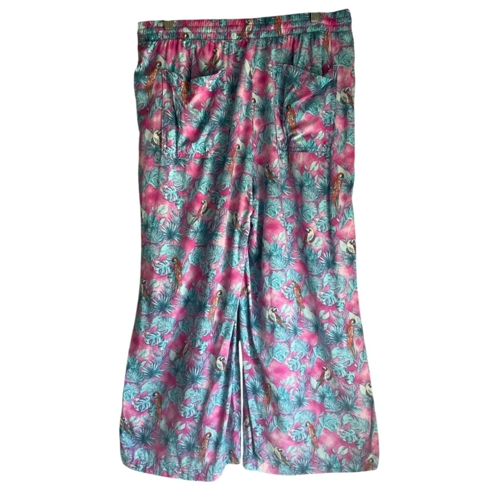 Margaritaville Large Pink Tropical Parrot Print Wide Leg Pull On Pants Palazzo - Picture 5 of 15